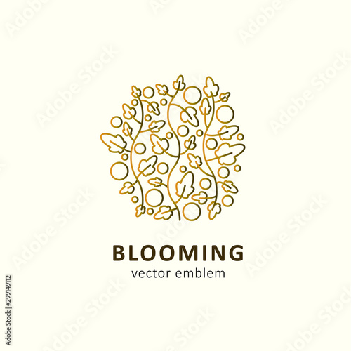 Abstract leaves and fruits in outline style. Vector emblem, logo concept for ecolabels, flower shops. Blooming.