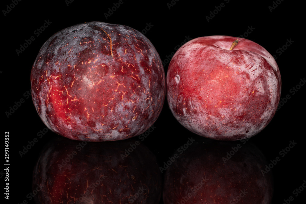 Group of two whole fresh red plum isolated on black glass Group of two whole fresh red plum isolated on black glass