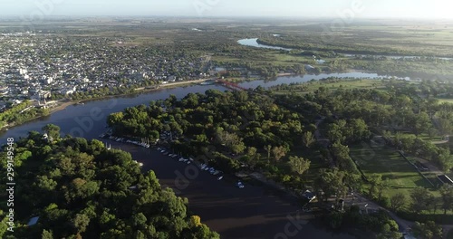 Aerial panoramic view of Unzue recreational park at delta envirnoment and Gualeguaychu city at background. Entre Rios, Argentina. photo