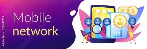 Specialists manage mobile expenses. Mobile expense management, expense management system, mobile device management and mobile network concept. Header or footer banner template with copy space.