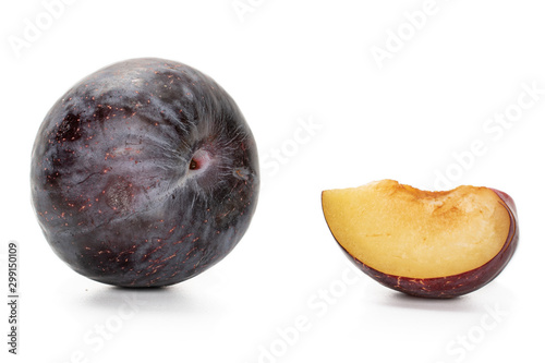 Group of one whole one slice of fresh red plum isolated on white background