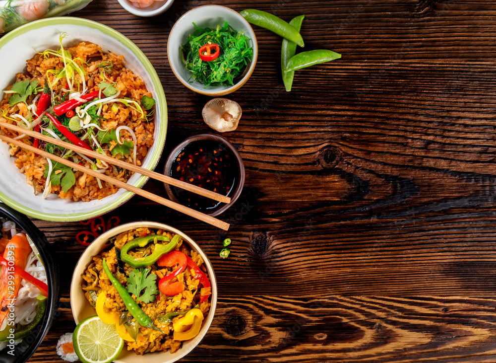 Asian food variation with many kinds of meals. Top view Asian food variation with many kinds of meals. Top view