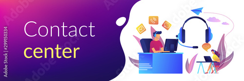 Contact center agents with headsets working at computers. Contact center, customer service point, customer relationship management concept. Header or footer banner template with copy space.