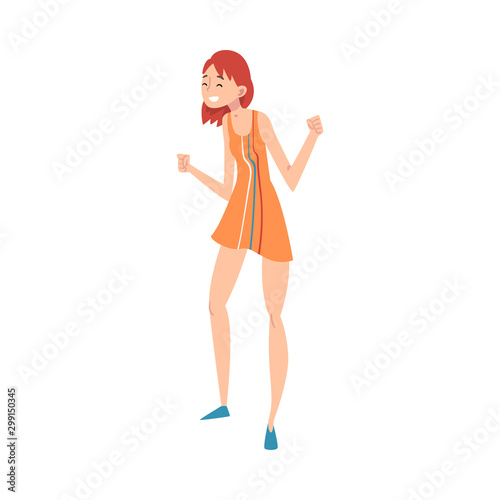 Happy Smiling Young Woman in Short Dress Dancing at Party Vector Illustration