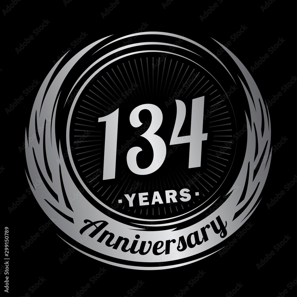 134 years anniversary. Anniversary logo design. One hundred and thirty-four years logo.