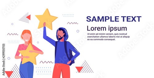 man woman couple holding review stars customers rating client feedback satisfaction level concept sketch portrait horizontal copy space vector illustration