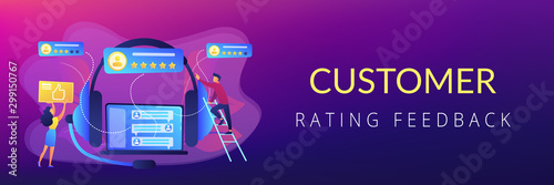 Customers at laptop and headset giving thumb up, rating stars. Customer feedback, customer rating feedback, customer relationship management concept. Header or footer banner template with copy space.