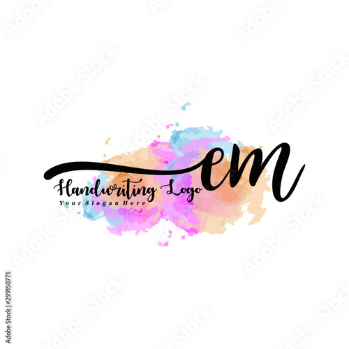 Initial EM handwriting watercolor logo vector. Letter handwritten logo template,watercolor template for, beauty, fashion, wedding, wedding invitation, business card