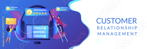 Customers at laptop and headset giving thumb up, rating stars. Customer feedback, customer rating feedback, customer relationship management concept. Header or footer banner template with copy space.