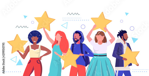 Mix race people holding review stars customers