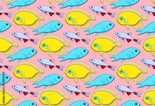 Seamless pattern with Damselfish, Centropyge and Bloodfin tetra fishes on pink background