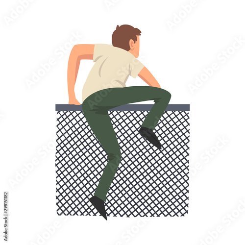 Man Climbing Wire Fence View from Behind Vector Illustration