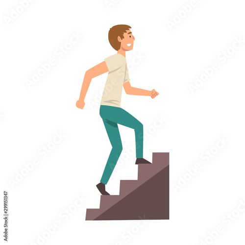 Young Man in Casual Clothes Walking up Stairway Vector Illustration Fototapeta