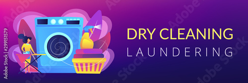 Laundry service worker ironing, washing machine. Dry cleaning and laundering, laundry facilities industry, cleaning and restoration services concept. Header or footer banner template with copy space.