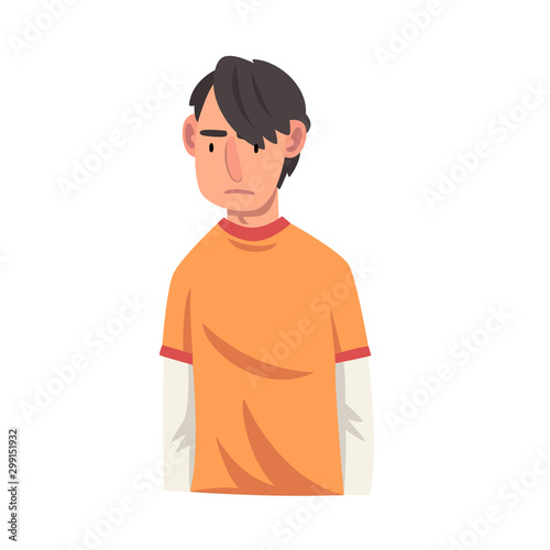 Serious Young Man, Male Character Facial Emotions Vector Illustration