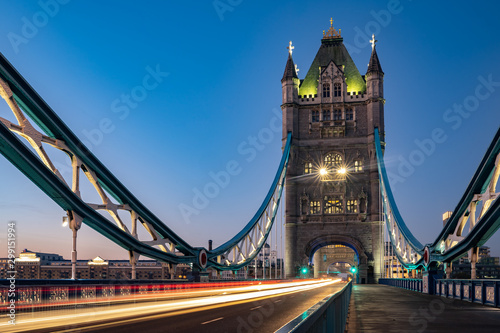London Untied Kingdom iconic Light trails along Tower Bridge  traffic in the morning in London 2018.
