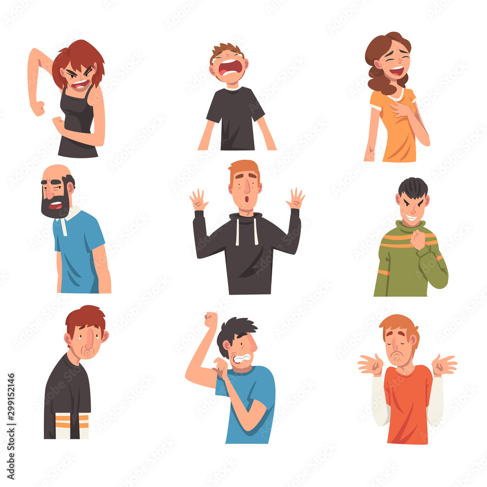 People with Different Expressions Set, Male and Female Character Facial Emotions Vector Illustration People with Different Expressions Set, Male and Female Character Facial Emotions Vector Illustration