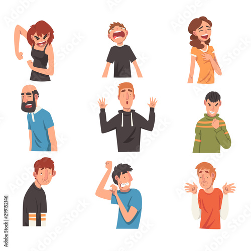 People with Different Expressions Set, Male and Female Character Facial Emotions Vector Illustration