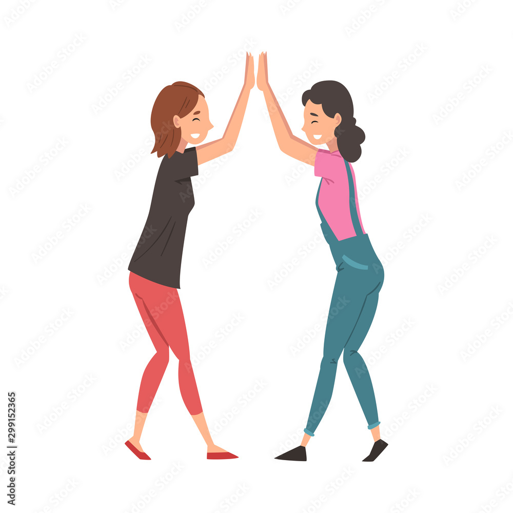 Girls Giving High Five to Each Other, Meeting of Two People, Greeting of Freinds or Partners Vector Illustration Girls Giving High Five to Each Other, Meeting of Two People, Greeting of Freinds or Partners Vector Illustration