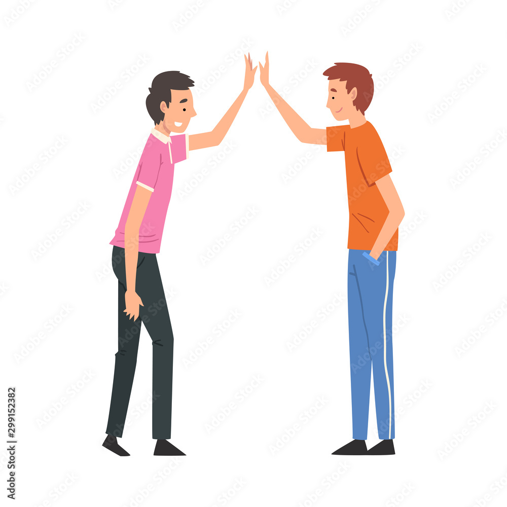 Male Friends Giving High Five to Each Other, Meeting of Two People, Greeting of Partners Vector Illustration Male Friends Giving High Five to Each Other, Meeting of Two People, Greeting of Partners Vector Illustration
