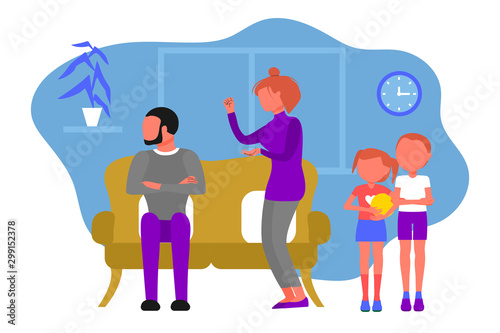 Caucasian couple of man and woman quarrel, wife is humiliating husband. Boy and girl siblings witnessing father and mother fight, brother and sister are upset. Flat style stock vector illustration