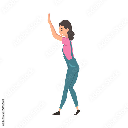 Girl in Denim Overalls Giving High Five, Young Woman Greeting Friend, Female Character Standing With Raised Hand Vector Illustration