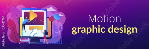 Graphic designers at computer screen creating and uploading video. Motion graphic design, video production service, motion designer work concept. Header or footer banner template with copy space.