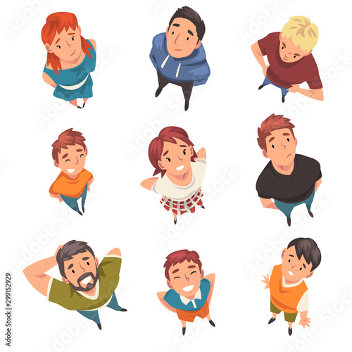 Cheerful People Characters Looking Up Set, View from Above Vector Illustration