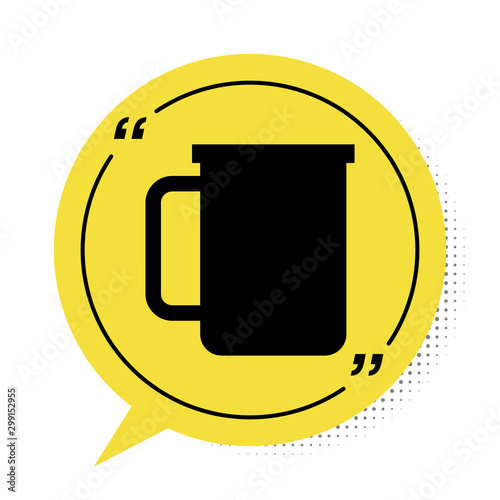 Black Coffee cup flat icon isolated on white background. Tea cup. Hot drink coffee. Yellow speech bubble symbol. Vector Illustration