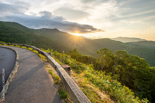 Scenic drive from Lane Pinnacle Overlook on Blue Ridge Parkway at sunrise time. photo
