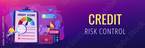 Tiny people analysts evaluating ability of prospective debtor to pay the debt. Credit rating, credit risk control, credit rating agency concept. Header or footer banner template with copy space.