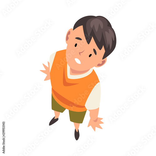 Cheerful Boy Character Looking Up, View from Above Vector Illustration