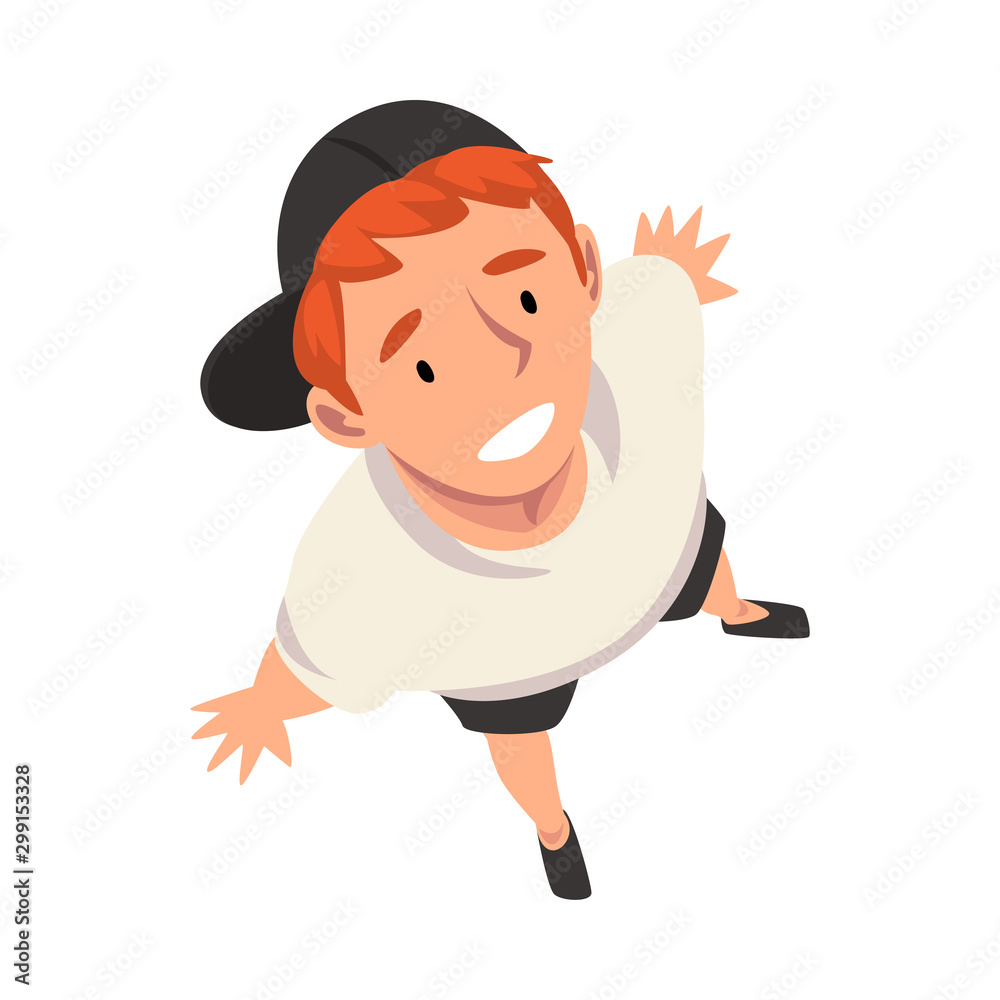 Smiling Teenage Boy Character in Cap Looking Up, View from Above Vector Illustration Smiling Teenage Boy Character in Cap Looking Up, View from Above Vector Illustration