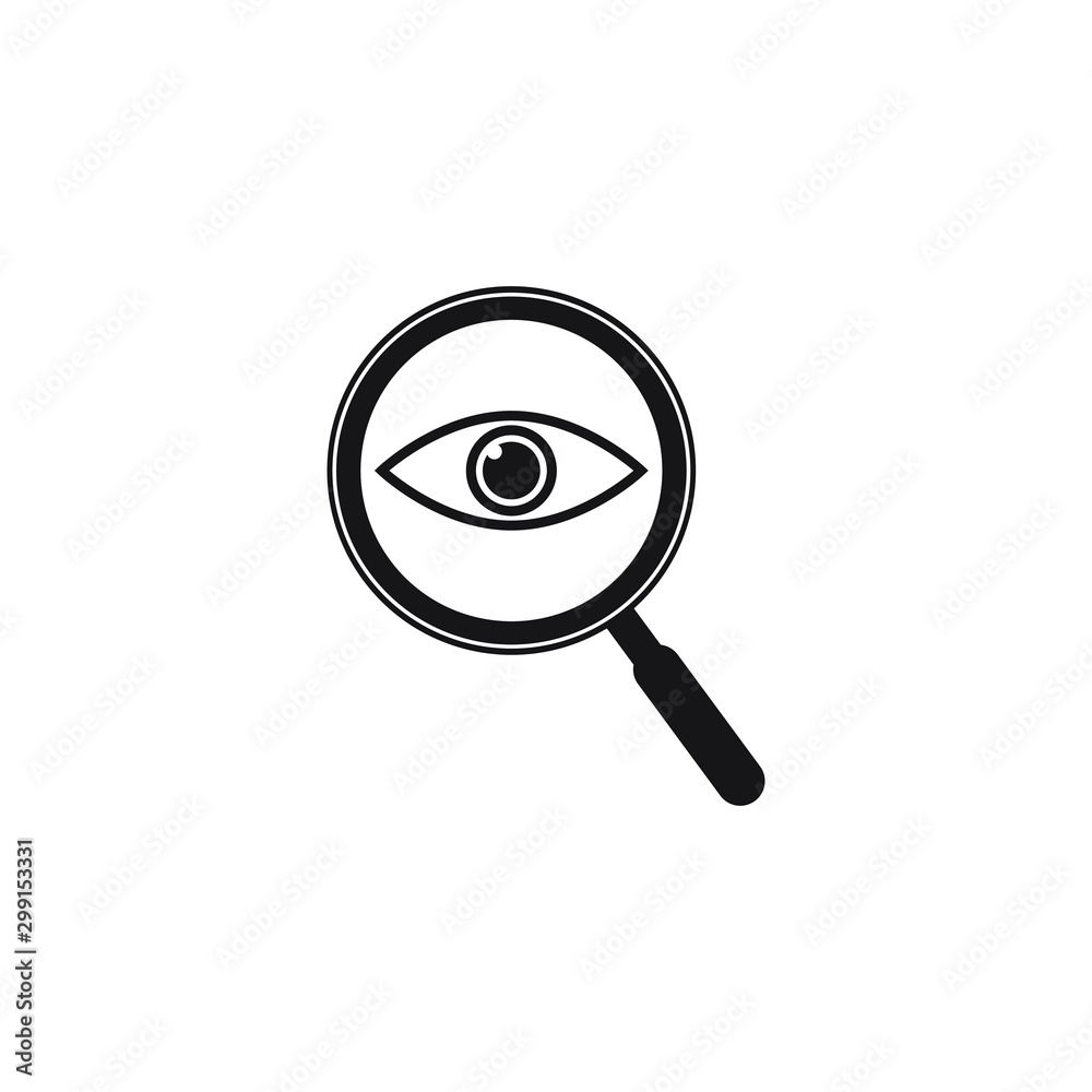 Magnifier with eye icon. Find icon, investigate concept symbol. Eye with magnifying glass. Appearance, aspect, look, view, creative vision icon. Vector illustration Magnifier with eye icon. Find icon, investigate concept symbol. Eye with magnifying glass. Appearance, aspect, look, view, creative vision icon. Vector illustration
