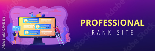 Tiny business people using rating site to vote on people on computer screen. Rating site, professional rank site, content rating page concept. Header or footer banner template with copy space.