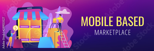 Tiny people customers with bags shopping online with smartphone. Mobile based marketplace, mobile e-shop app, online e-commerce marketplace concept. Header or footer banner template with copy space.