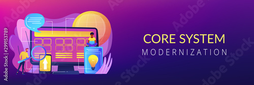 Tiny people developers at computer working on core system. Core system development, all in one software solution, core system modernization concept. Header or footer banner template with copy space.