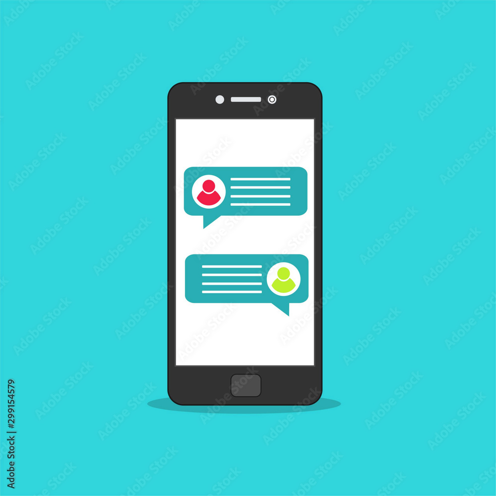Flat design style modern vector illustration concept set of mobile phone messaging, sms communication with blank speech bubble, new mail message interface template form on smartphone Flat design style modern vector illustration concept set of mobile phone messaging, sms communication with blank speech bubble, new mail message interface template form on smartphone