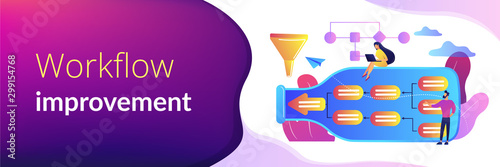 Tiny business people at bottle looking for system least capacity. Bottleneck analysis, bottlenecking control, workflow improvement concept. Header or footer banner template with copy space.