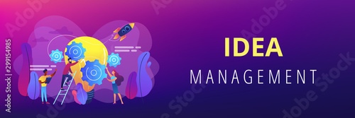 Tiny business people generating ideas and holding gears at big light bulb. Idea management, alternative thinking, best solution choice concept. Header or footer banner template with copy space.