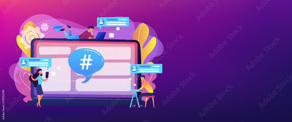 Naklejka premium Tiny people customers receive messages from microblogging service. Microblog platform, microblogging market, microblog marketing service concept. Header or footer banner template with copy space.