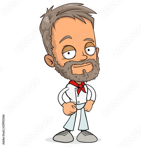 Cartoon funny smiling cook boy character with beard in uniform. Layered vector for animations. Isolated on white background. Vector icon.