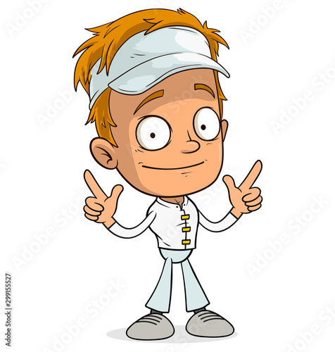 Cartoon redhead funny boy character in white cap showing forefingers. Layered vector for animations. Isolated on white background. Vector icon.