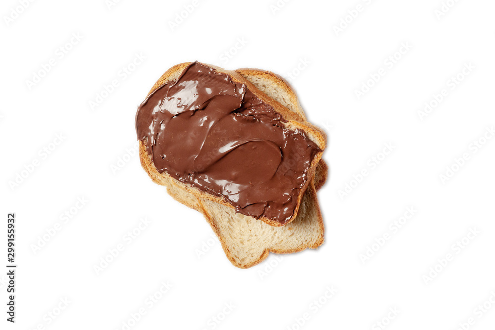 Slice of toast with chocolate hazelnut spread on isolated background. Toasted piece of bread, Breakfast Slice of toast with chocolate hazelnut spread on isolated background. Toasted piece of bread, Breakfast