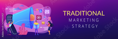 Tiny peple, marketing manager with megaphone and push advertising. Push advertising, traditional marketing strategy, interruption marketing concept. Header or footer banner template with copy space.