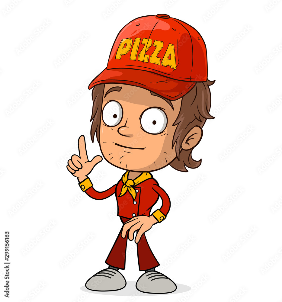 Cartoon funny smiling pizza delivery boy character in red uniform and cap. Layered vector for animations. Isolated on white background. Vector icon. Cartoon funny smiling pizza delivery boy character in red uniform and cap. Layered vector for animations. Isolated on white background. Vector icon.