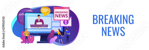 Press, mass media, broadcasting studio. Journalists, reporters characters. Hot online information, breaking news, headline news content concept. Header or footer banner template with copy space.