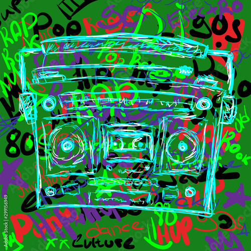 Old cassette recorder on background with names of musical genres. Musical culture of the 80s and 90s. Sketch, Doodle, graffiti. Fashionable vector illustration.