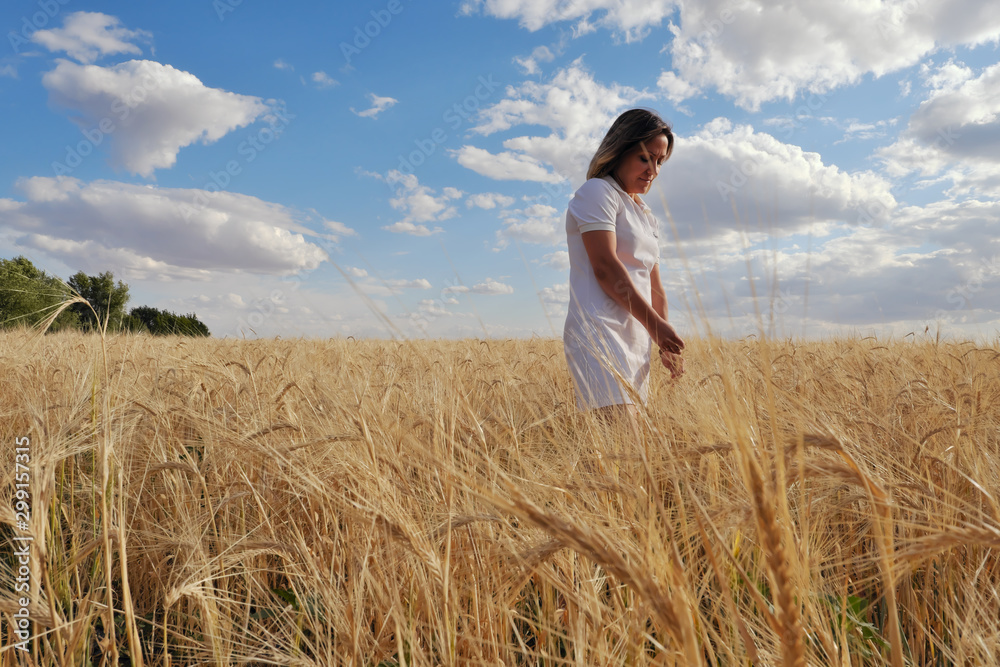 Girl in a white dress. In a wheat field. Girl in a white dress. In a wheat field.