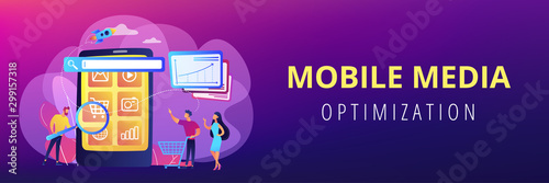 Ecommerce, internet shopping promotion campaign. Mobile media optimization, mobile SEO strategy, targeted communication channel concept. Header or footer banner template with copy space.